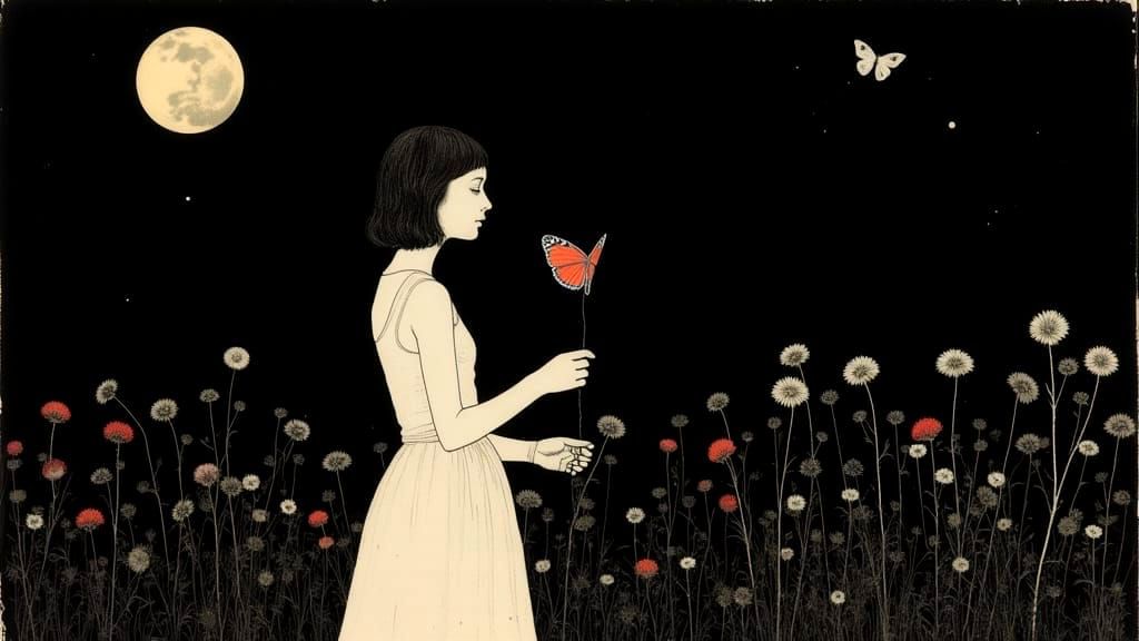 Surreal Landscape with Wildflowers and Butterflies in Midnig...