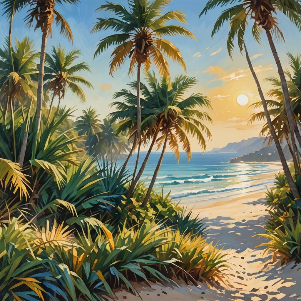 Serene sandy shoreline with shore vegetation and tall palm trees swaying gently in the breeze, casting intricate, curved...