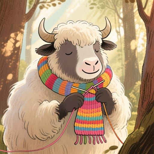 Fluffy Yak Knitting a Scarf in Storybook Style