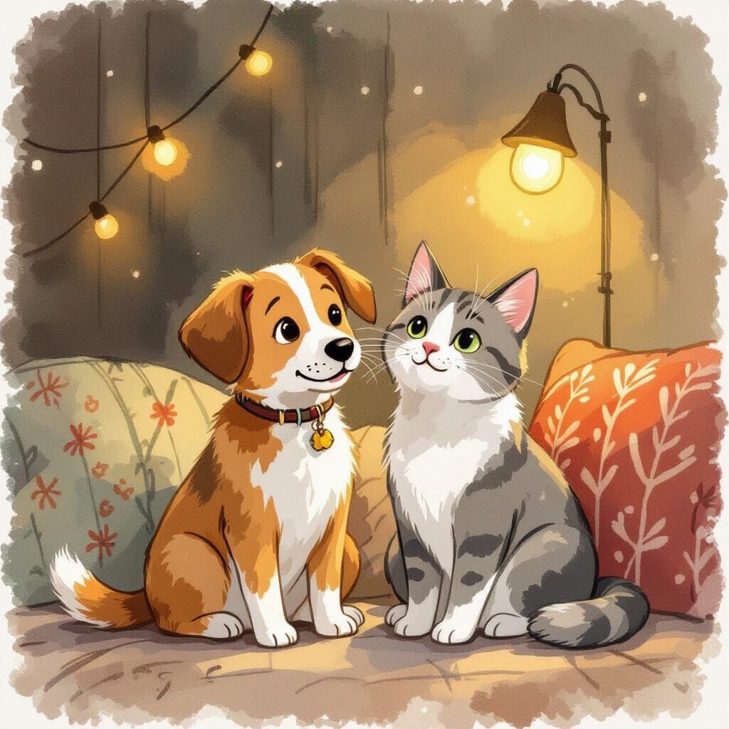 Dog and Cat in Cozy Beatrix Potter Style