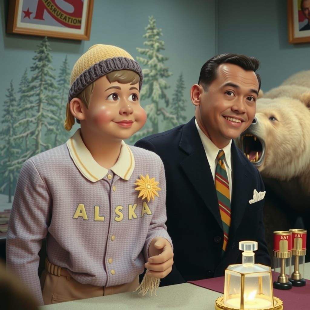 Giant Hiker Figure Meets Grizzly Bear on Snowy Plain