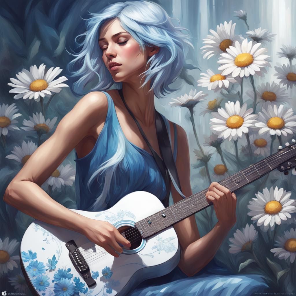 Blue-Haired Girl Playing Bass Guitar: Art Nouveau Portrait