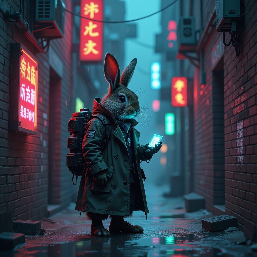 Cybernetic Rabbit Vigilante in Neon Dystopia