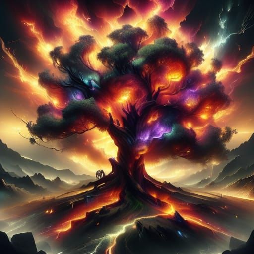 Lightning Strikes Tree in Vibrant Triadic Oil Painting