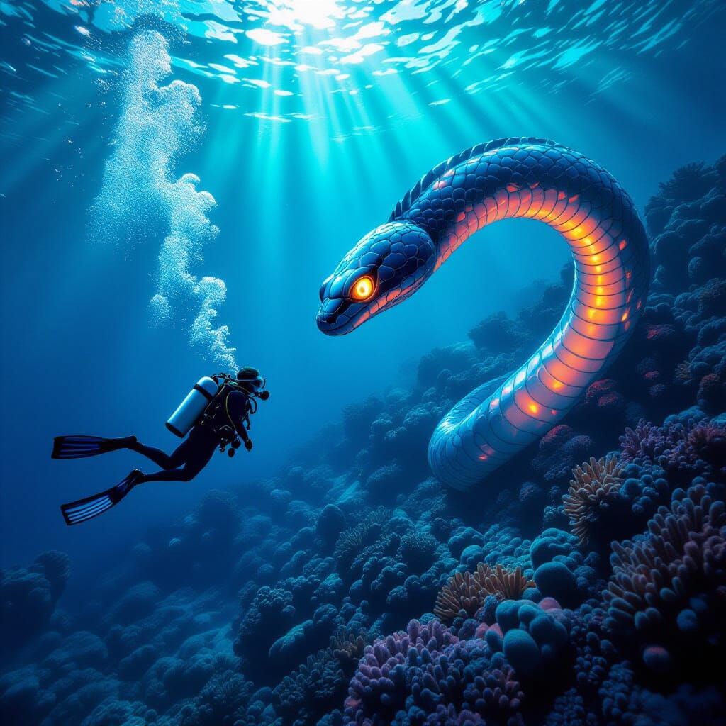 Bioluminescent Serpent Coils Around Coral Reef in Hyperreali...