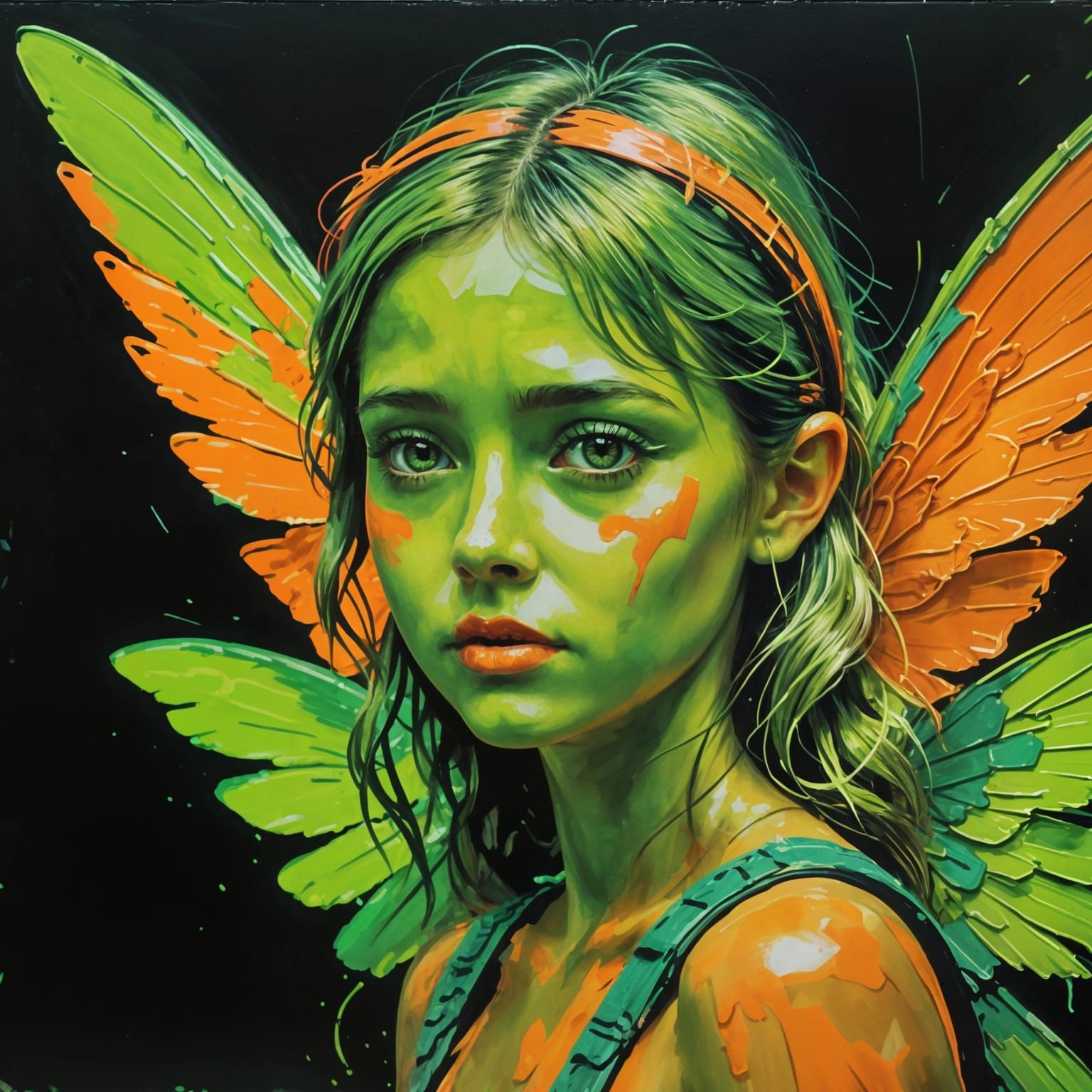 Fairy Portrait in Gouache Style with Neon Wings