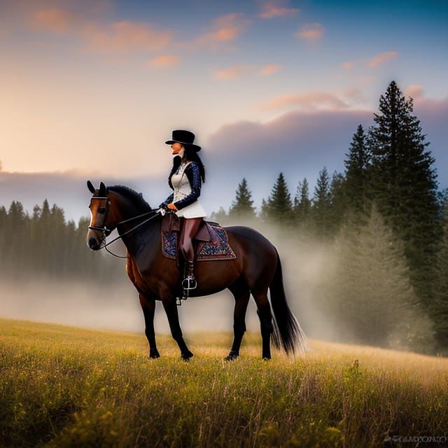 Woman on White Horse in Summer Meadow