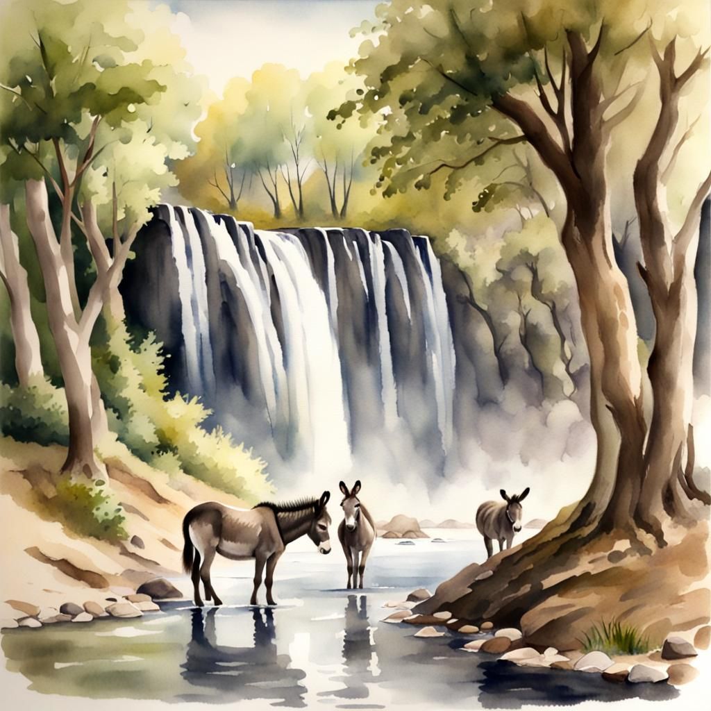 Donkeys by Waterfall in Watercolour Style
