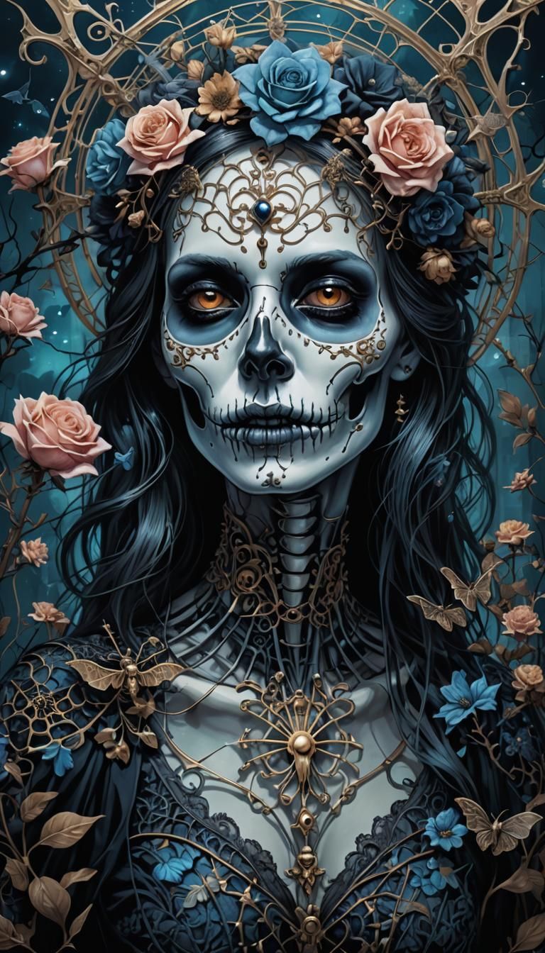 Girly Gothic Skeleton with Dark Flowers in Surrealism