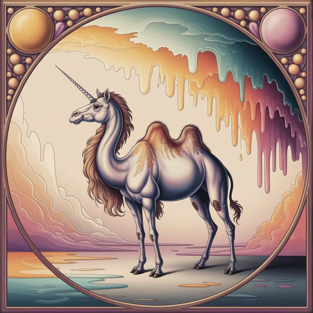 Art Nouveau Camel Unicorn in Dreamlike Landscape
