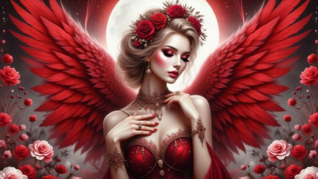 Ethereal Red and White Angel in Dark Art Style