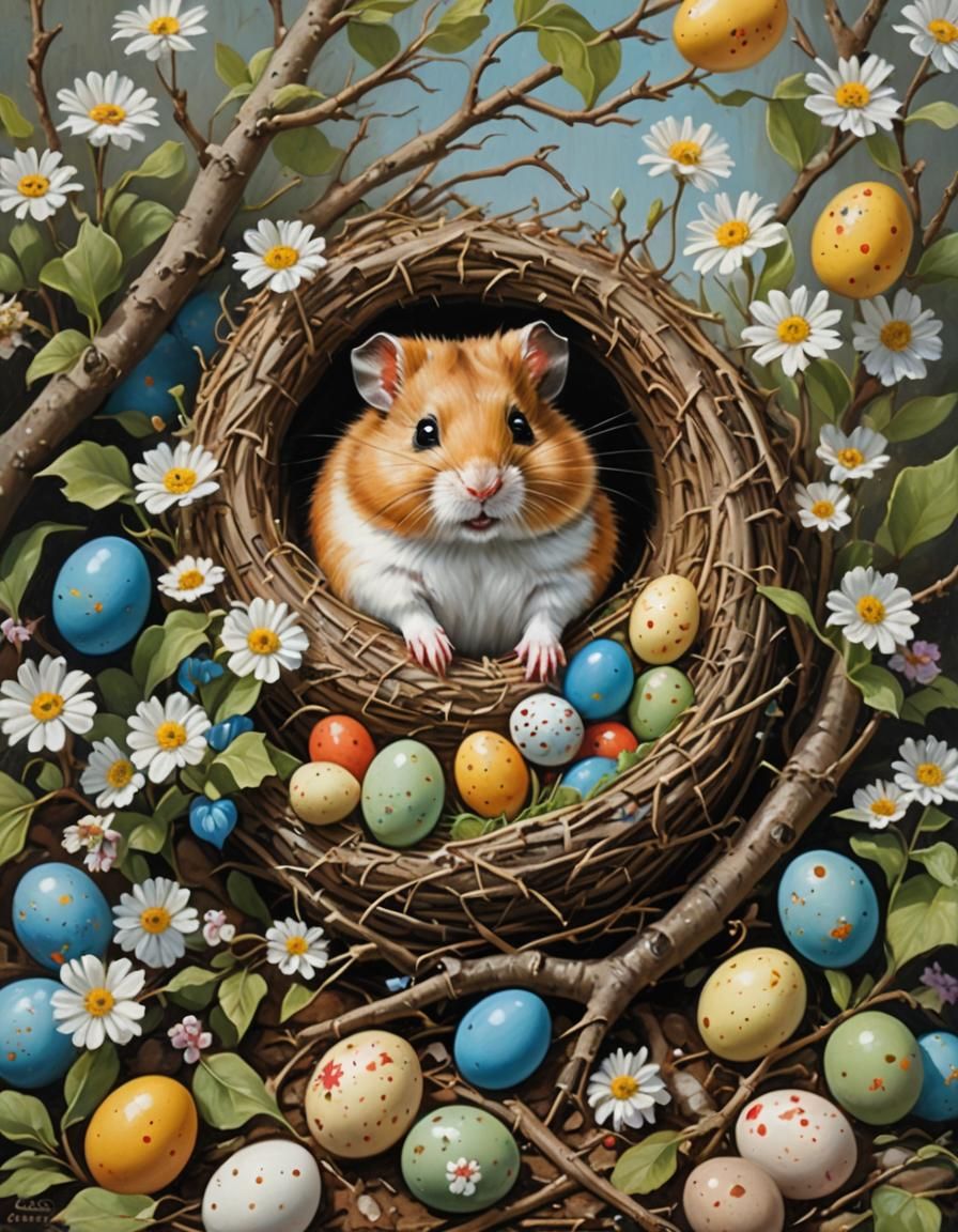 Cute Hamster in Rustic Folk Art Easter Scene