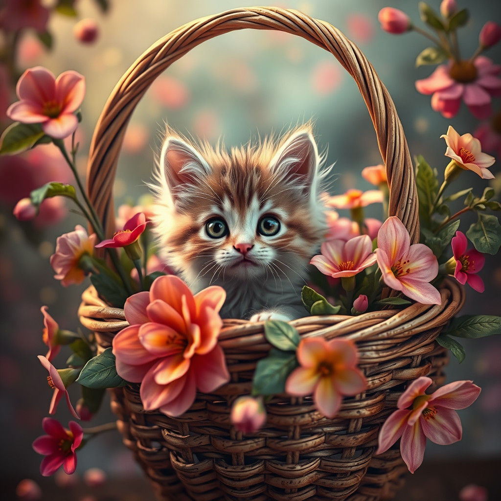 Kitten in Flower Basket: Fantasy Realm
