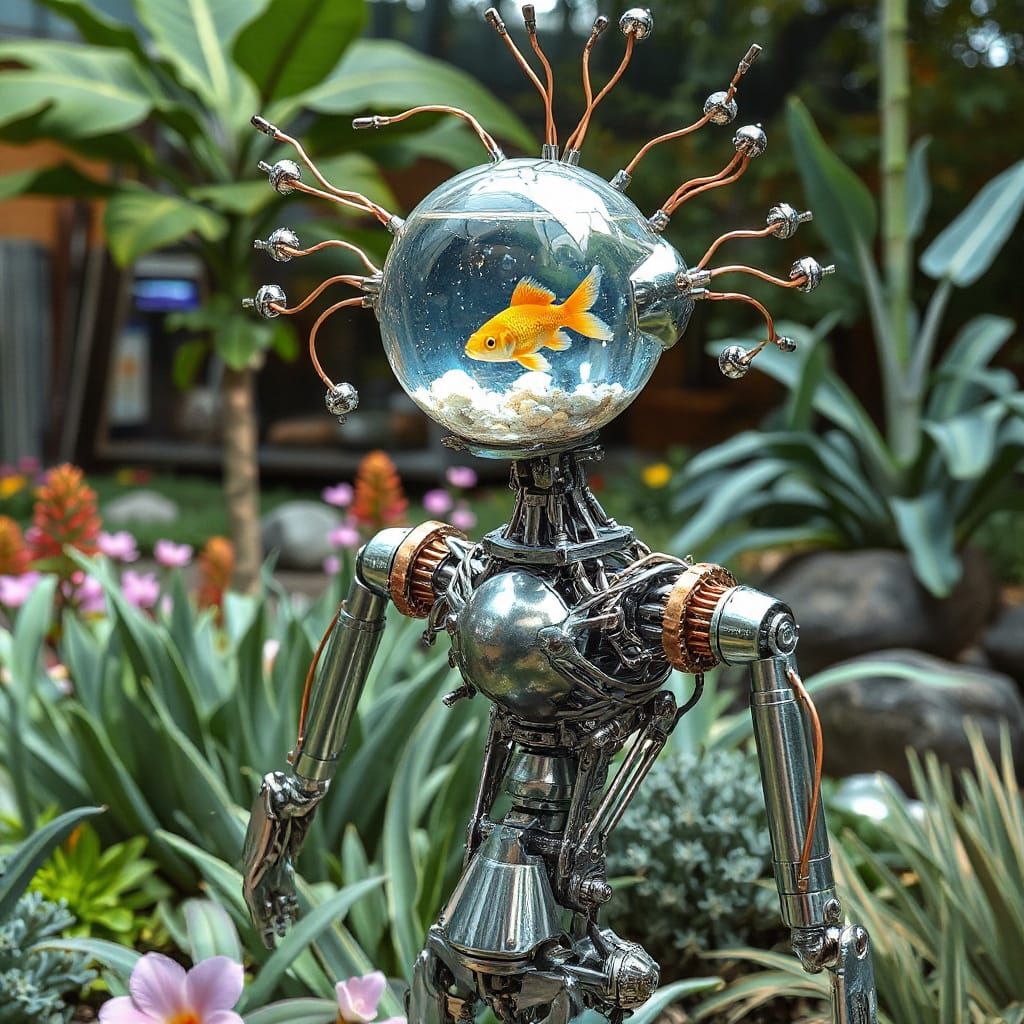 Futuristic Robot With Aquatic Head in Ethereal Garden