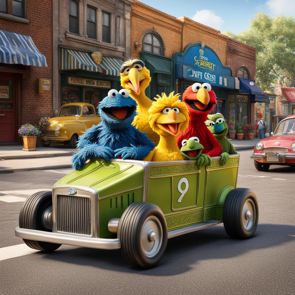 Sesame Street Characters in a Kiddie Car