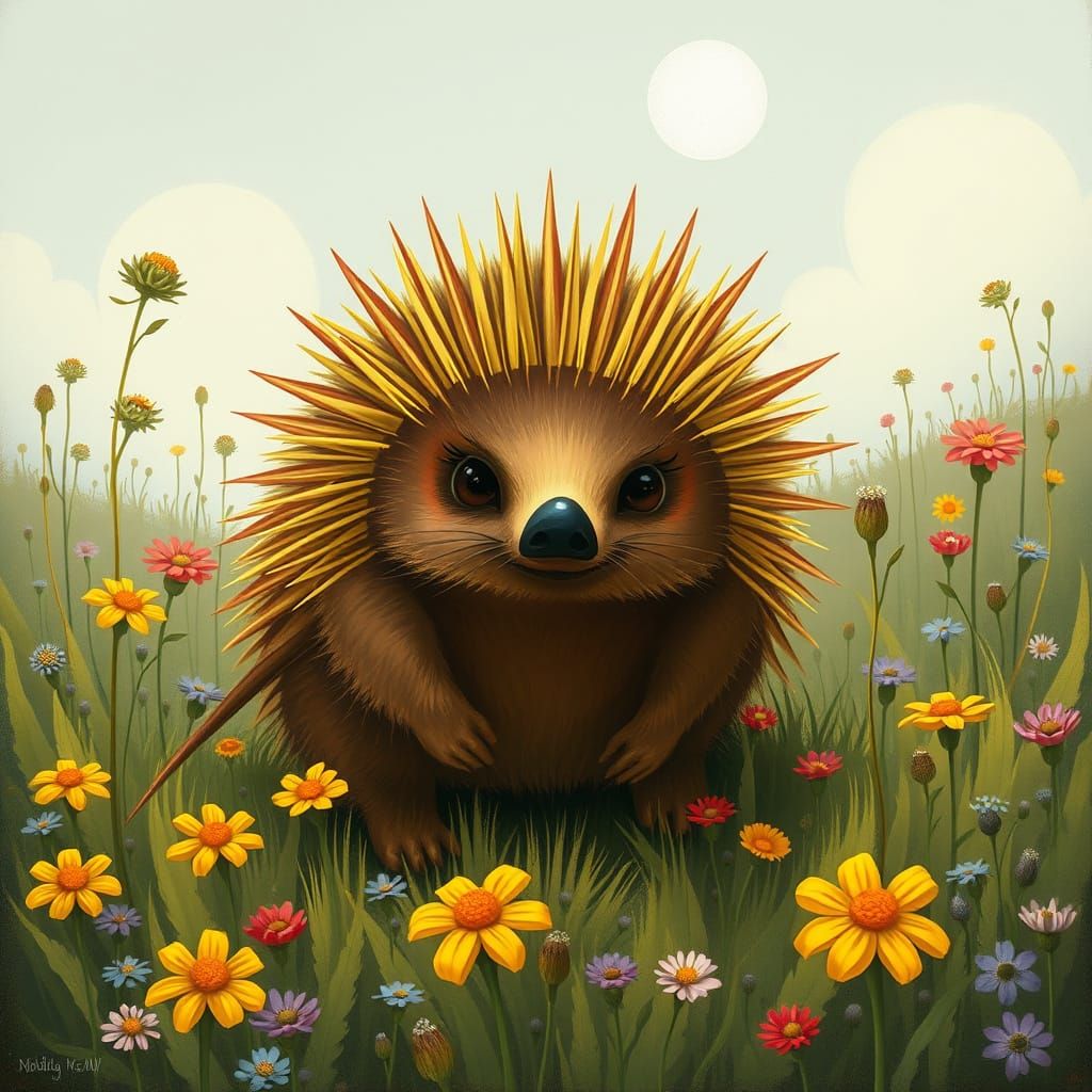 Cute Echidna in Meadow, Dark Fantasy Art