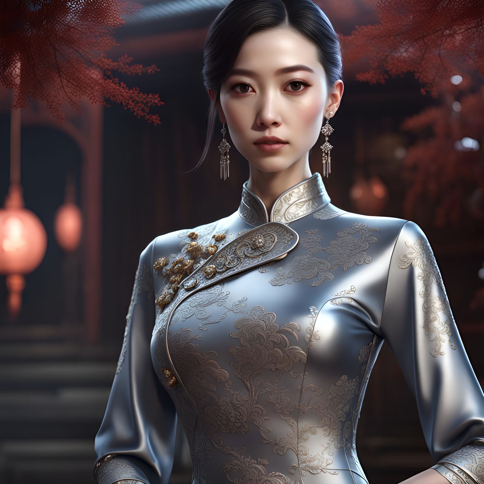 Silver Qipao Dress: Detailed Matte Painting