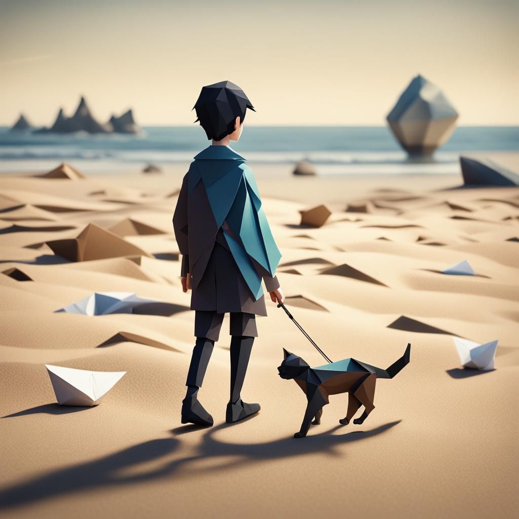 Nicola Sirkis and Cat on Beach in Origami Style