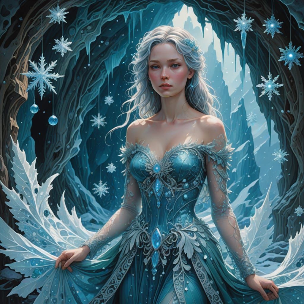Ethereal Snowflake Maiden in Crystal Cave