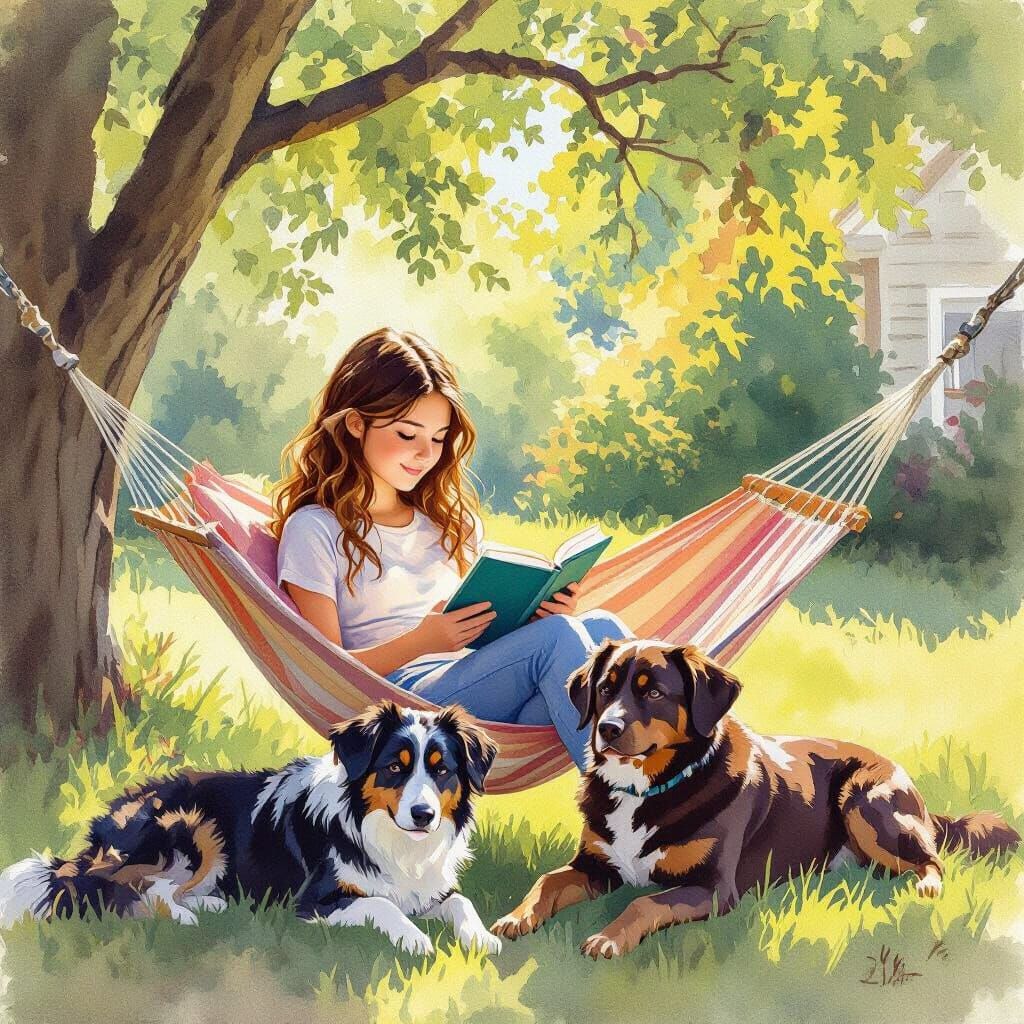 Teen Girl Reads in Hammock with Dogs, Watercolor Style