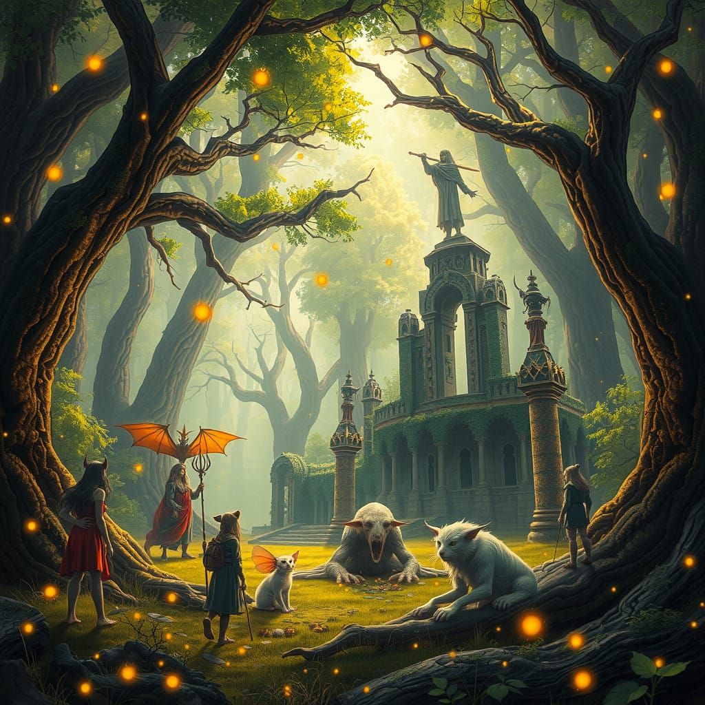 Mystical Beings Gather in Vibrant Forest of Wonder
