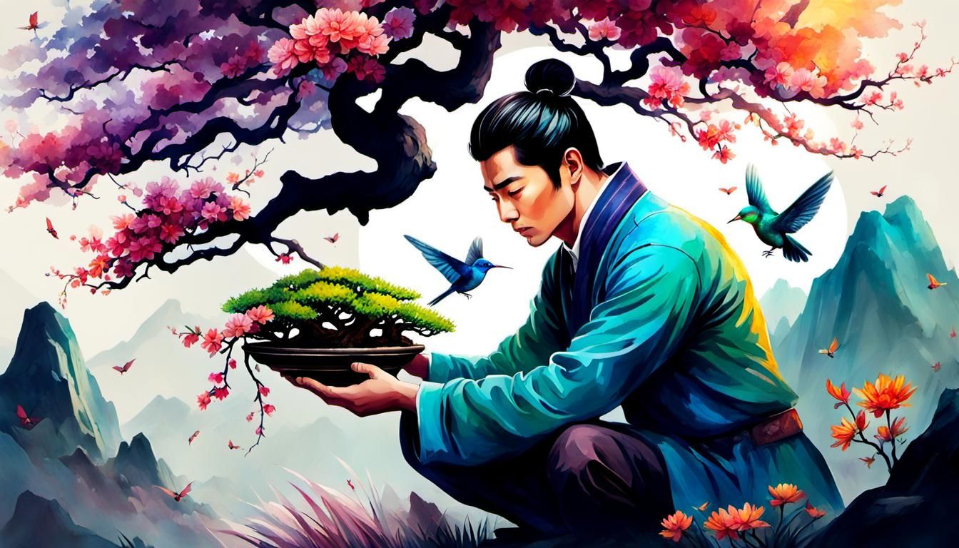 Chinese Gardener Pruning Bonsai in Palace Garden