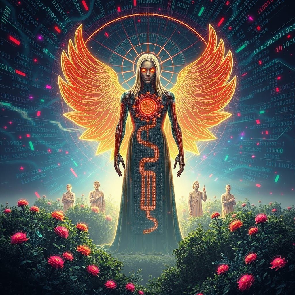 Digital Mentor in Cyberpunk Garden of Binary Code