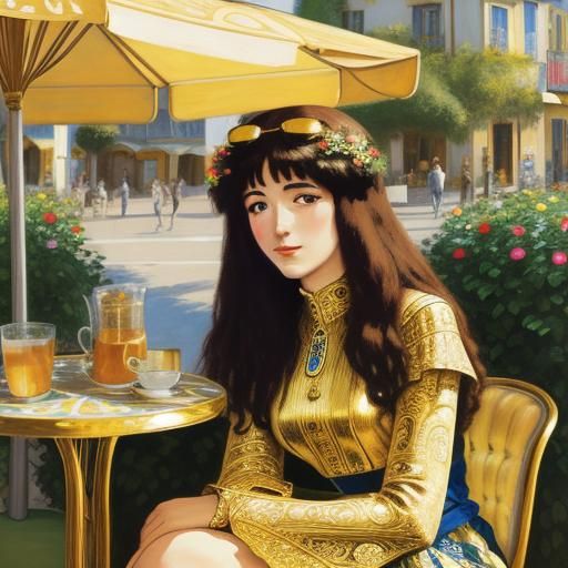 Girl in Sunny Cafe, Art Nouveau Style