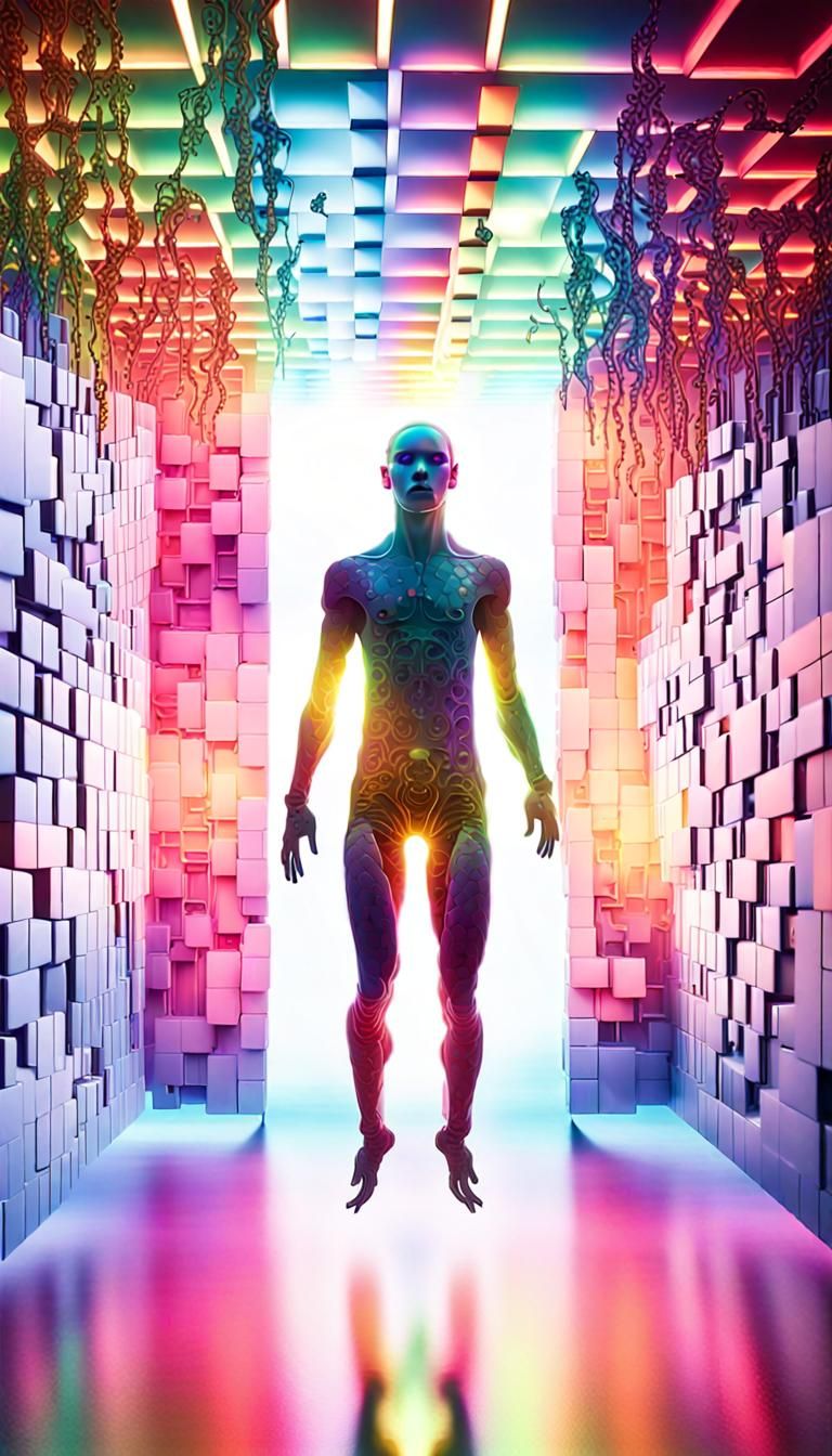 Humanoid Figure in Zero Gravity with Neon Fractals