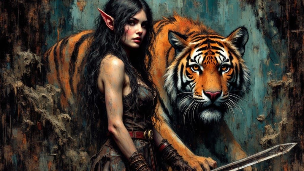 Elven Warrior and Bengal Tiger Companion