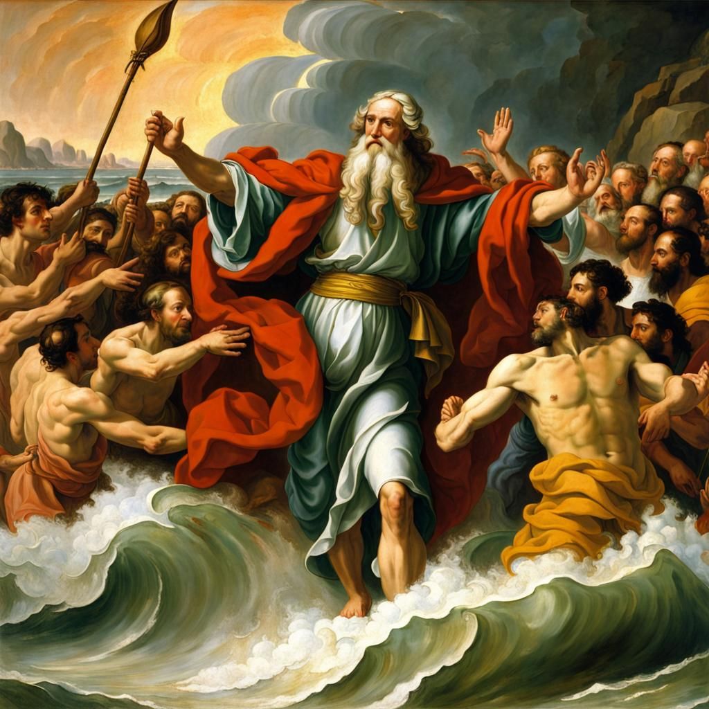 Moses Parting Red Sea: Renaissance Oil Painting