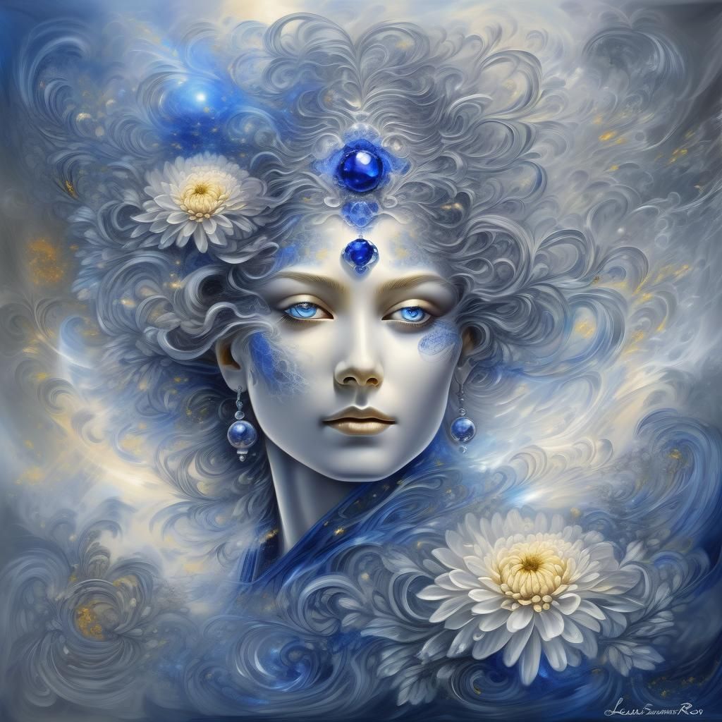 Neuromystical Face with Chrysanthemums in Fractal Smoke