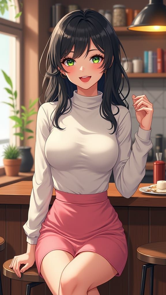 Happy Woman in Coffee Shop, Manga 2D Style