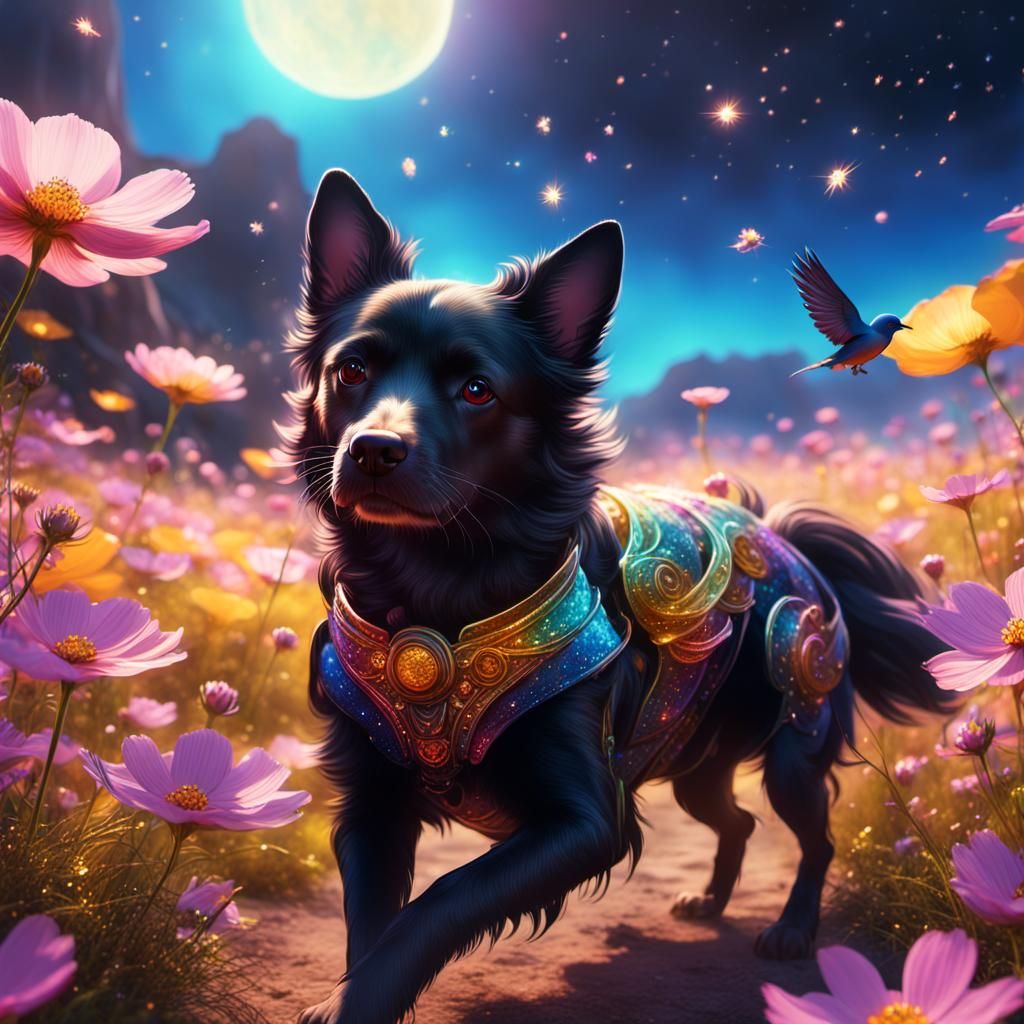 Dog Running in Cosmos Field: Splash Art Style