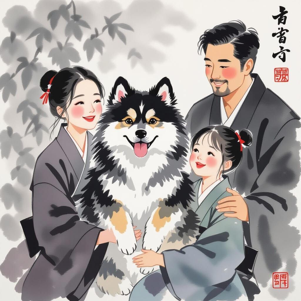 Girl Holds Fluffy Dog in Japanese Ink Painting Style