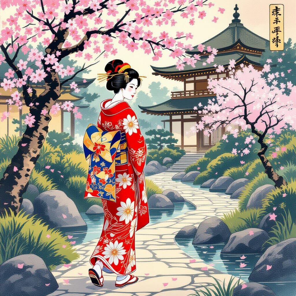 Japanese Woman in Kimono in Ukiyo-e Style Garden