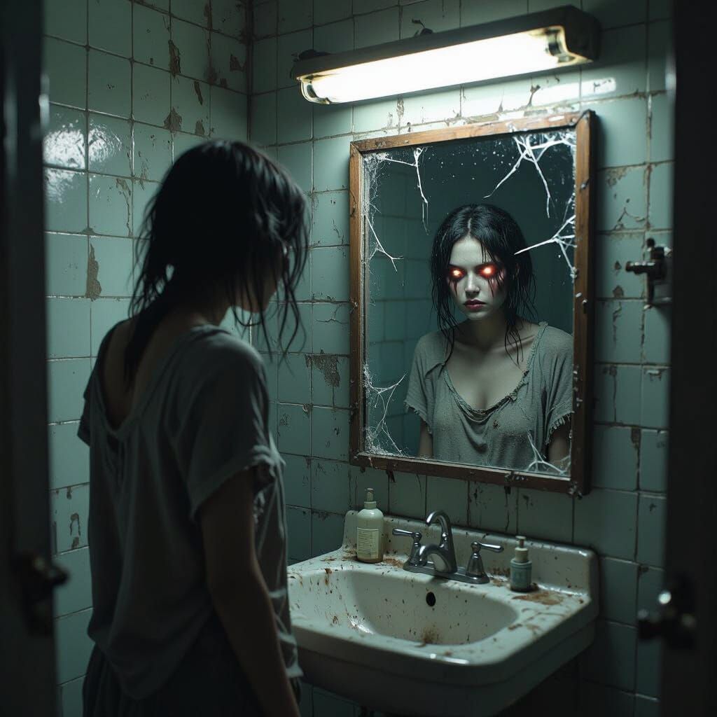 Eerie Bathroom Reflection with Glowing Eyes in Lo-Fi Horror ...