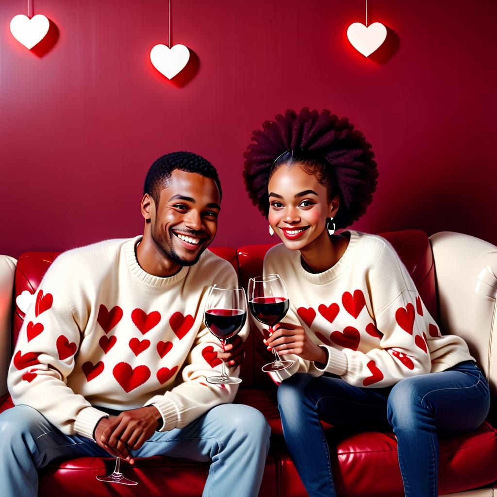 Smiling Couple on Burgundy Couch, Pop Art Style