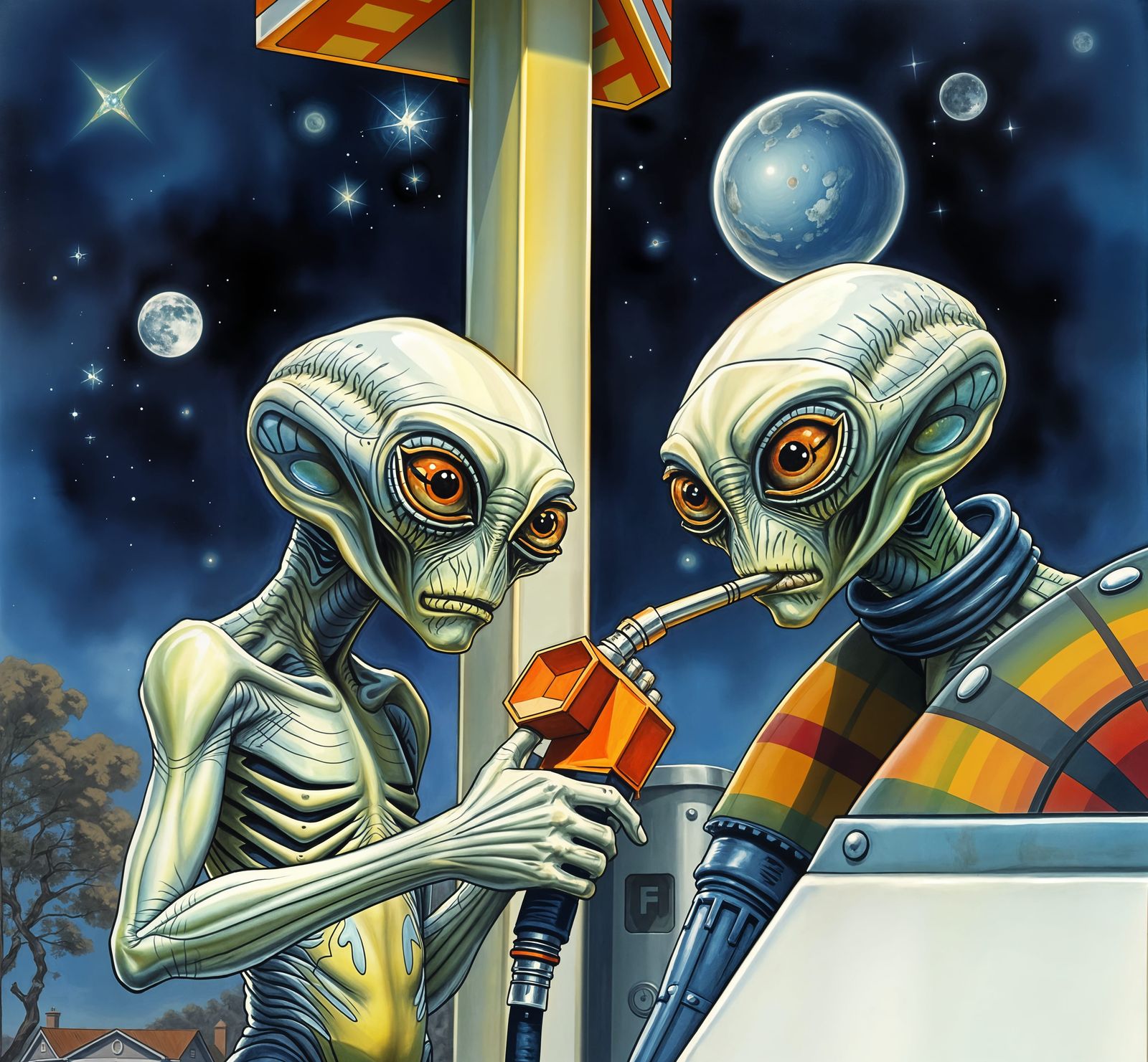 Aliens Fueling Spaceship at Alien Petrol Station
