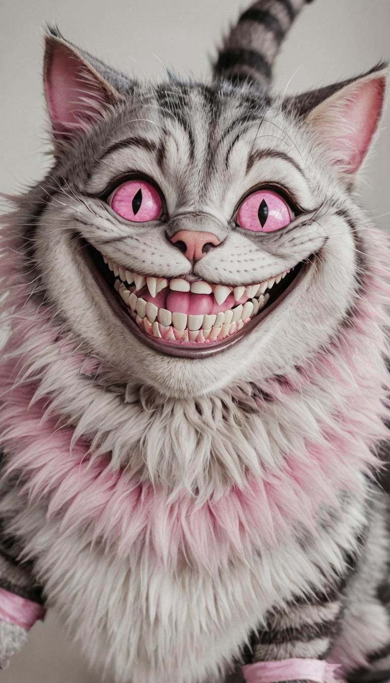 Whimsical Cheshire Cat with Pink Eyes in Wonderland