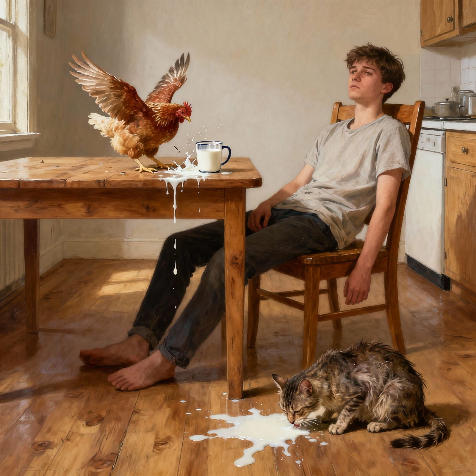 Bored Young Man with Chaotic Kitchen Scene