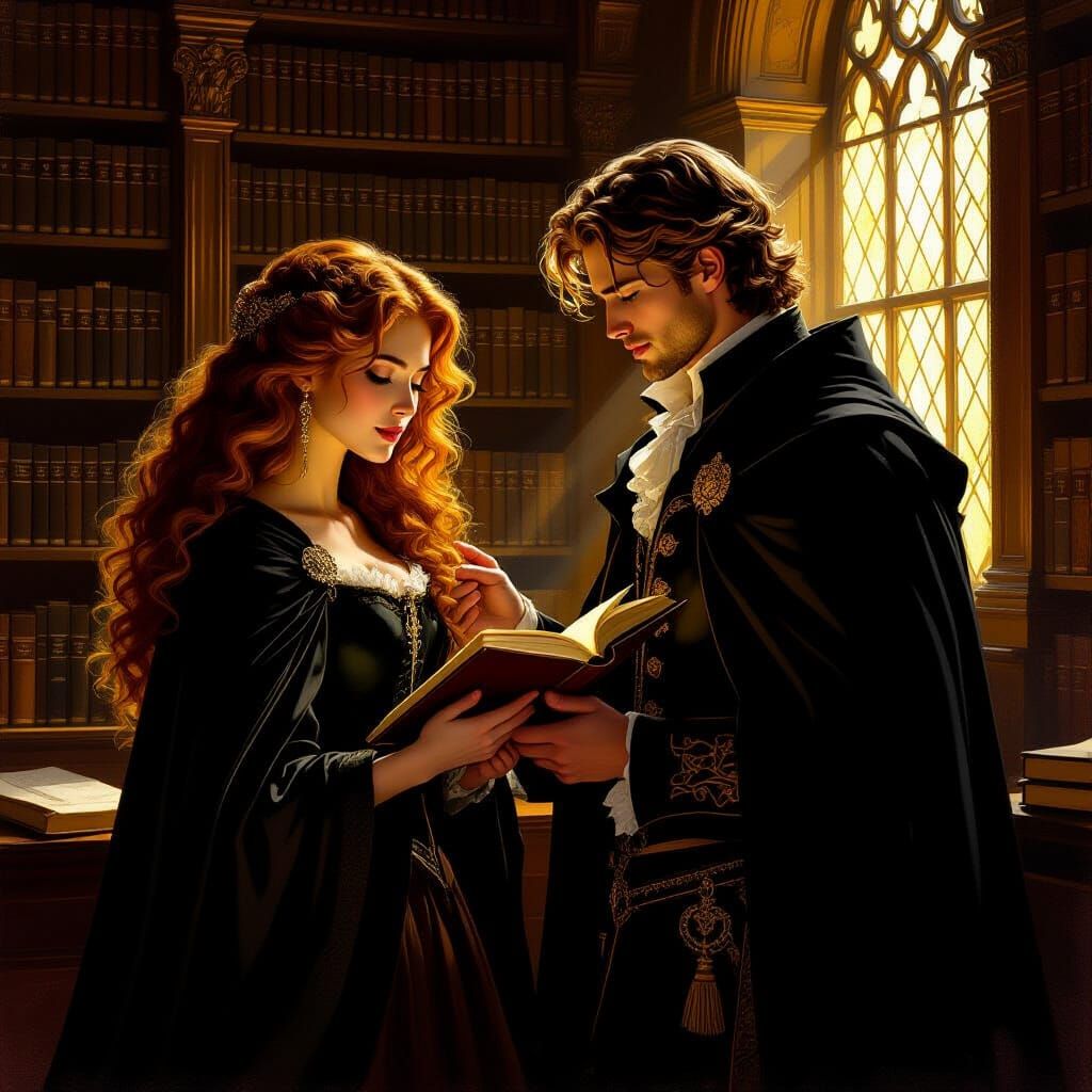 Auburn Woman Reads in Library as Oil Painting