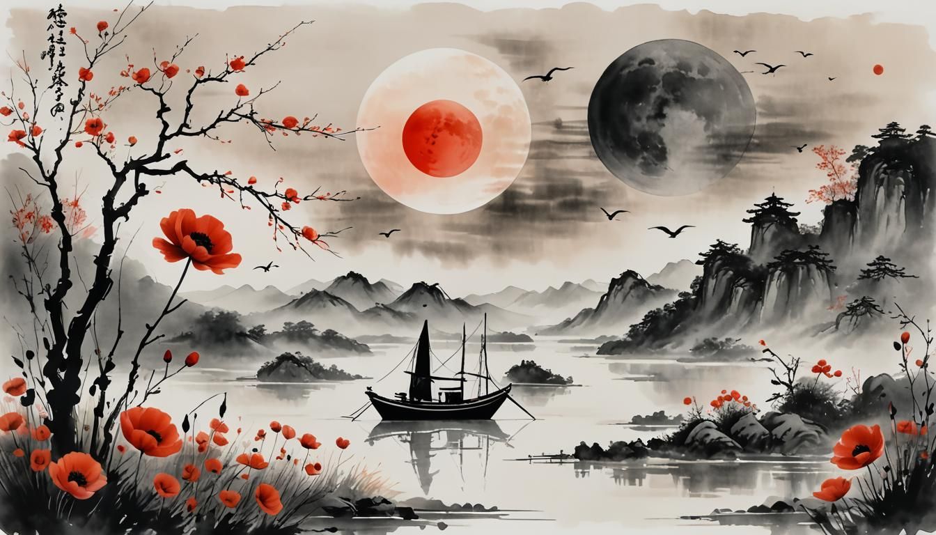 Chinese Ink Painting: Sunset Boat with Bird and Moon