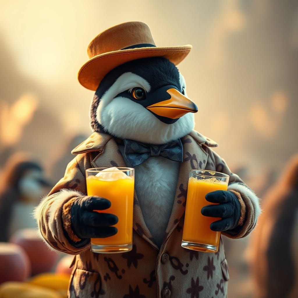 A plush penguin is handing out some mango juice in a funky f...