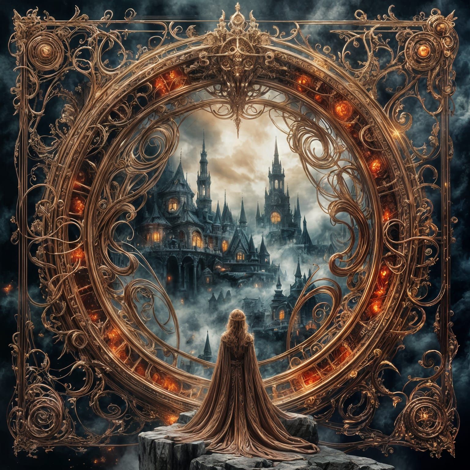 Intricate Metallic Wire Portal to Fantasy Landscape