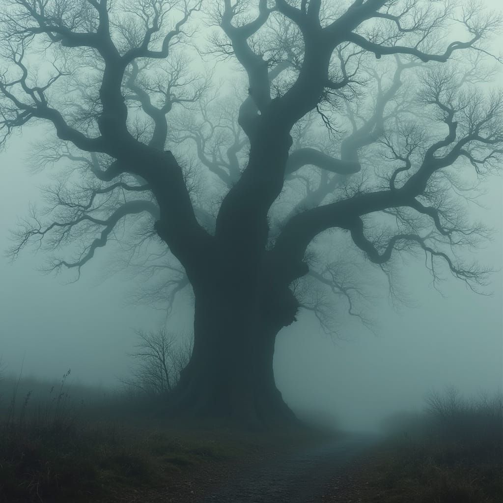 Gnarled Oak Trees Loom in Eerie Foggy Landscapes