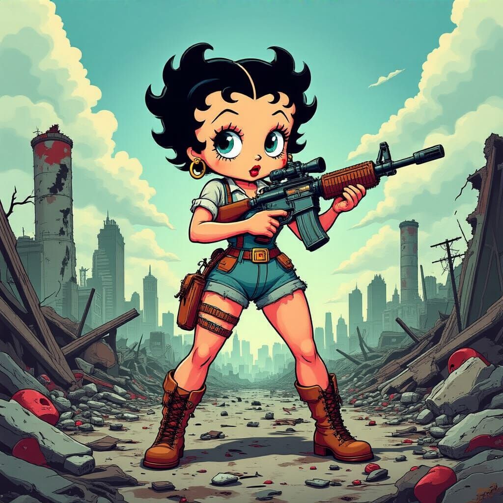 Betty boop in an apocalyptic fallout world. Cartoon cel shaded art