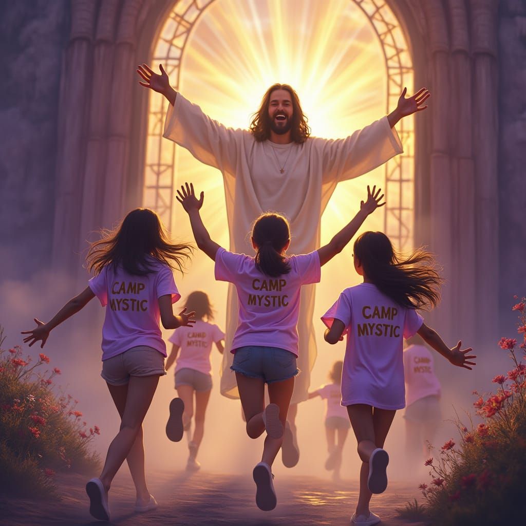 Girls Embrace Jesus in Heavenly Paradise