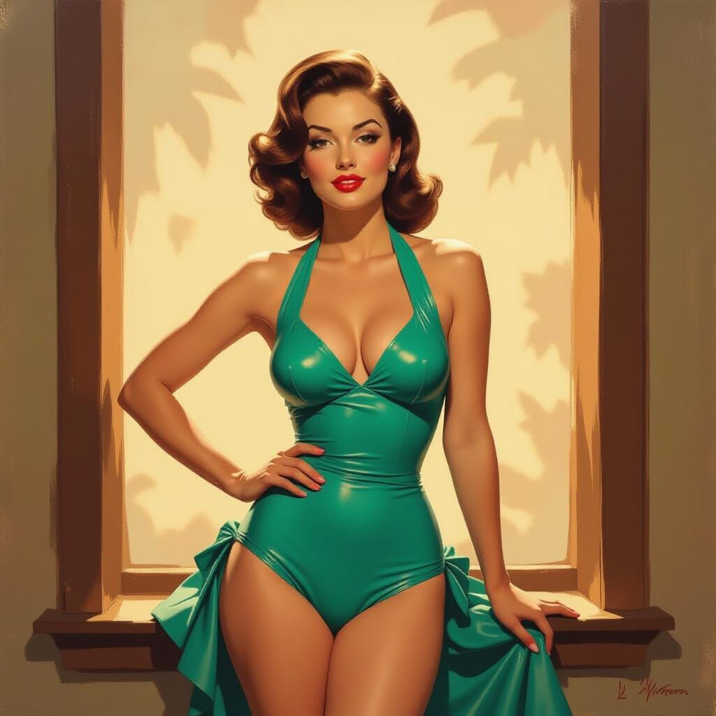 1950s Pin-Up Girl in Latex Bikini, Impressionist Style