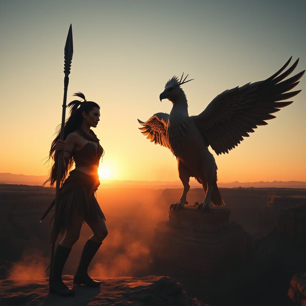 Warrior Woman and Griffin Beast in Sunset Canyon